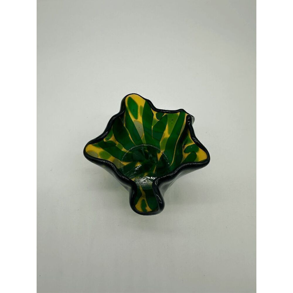 Art Glass Handkerchief Hand Blown Glass Ruffled Rim Signed- Green & Yellow